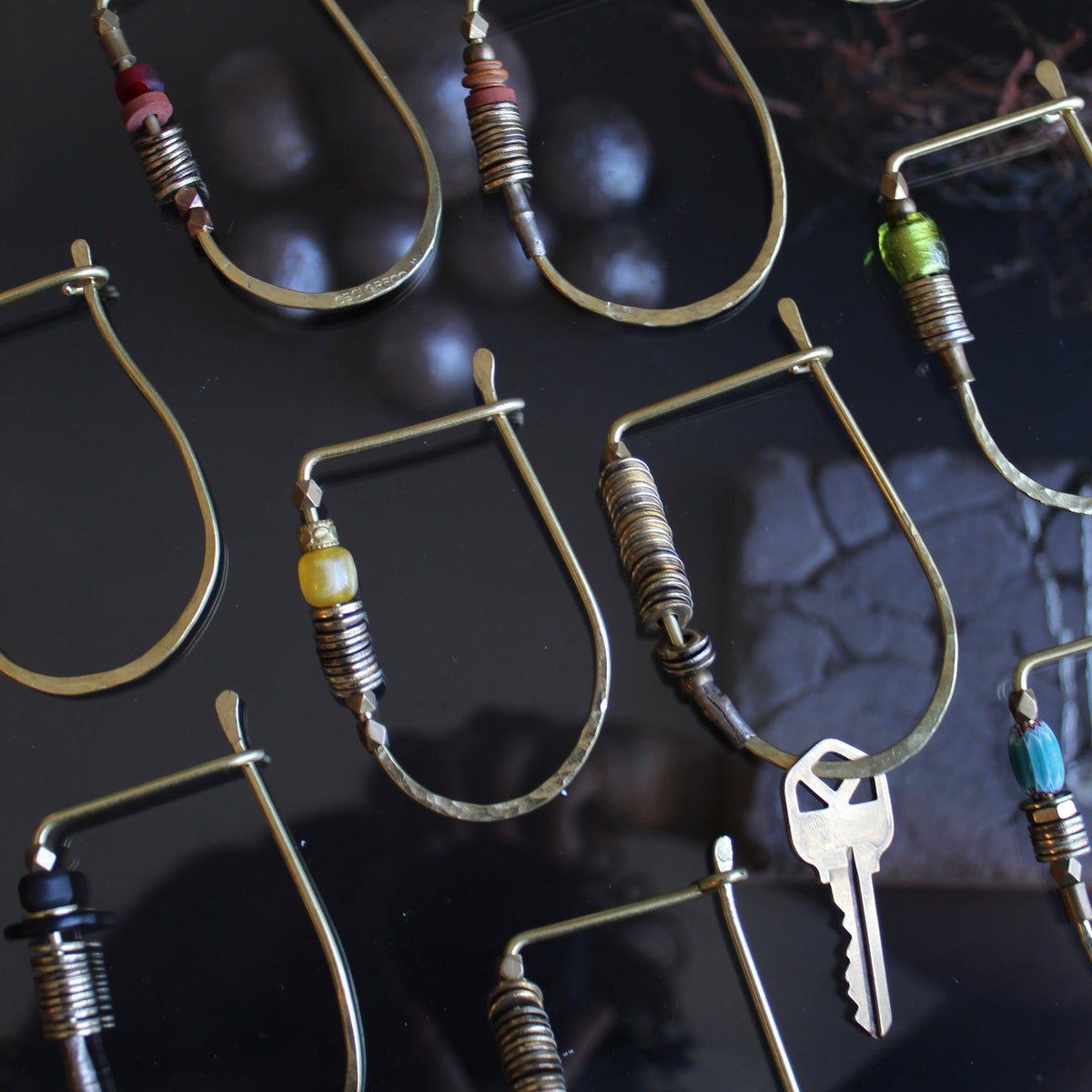 Hammered Brass Keychain with Vintage Beads and Reclaimed Washers