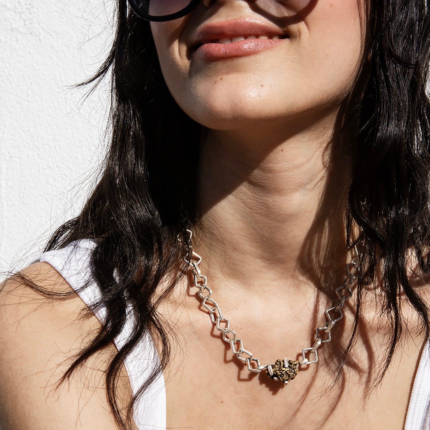 Not-So-Square Handmade Recycled Sterling Silver Chain Necklace with Solid Gold Nugget