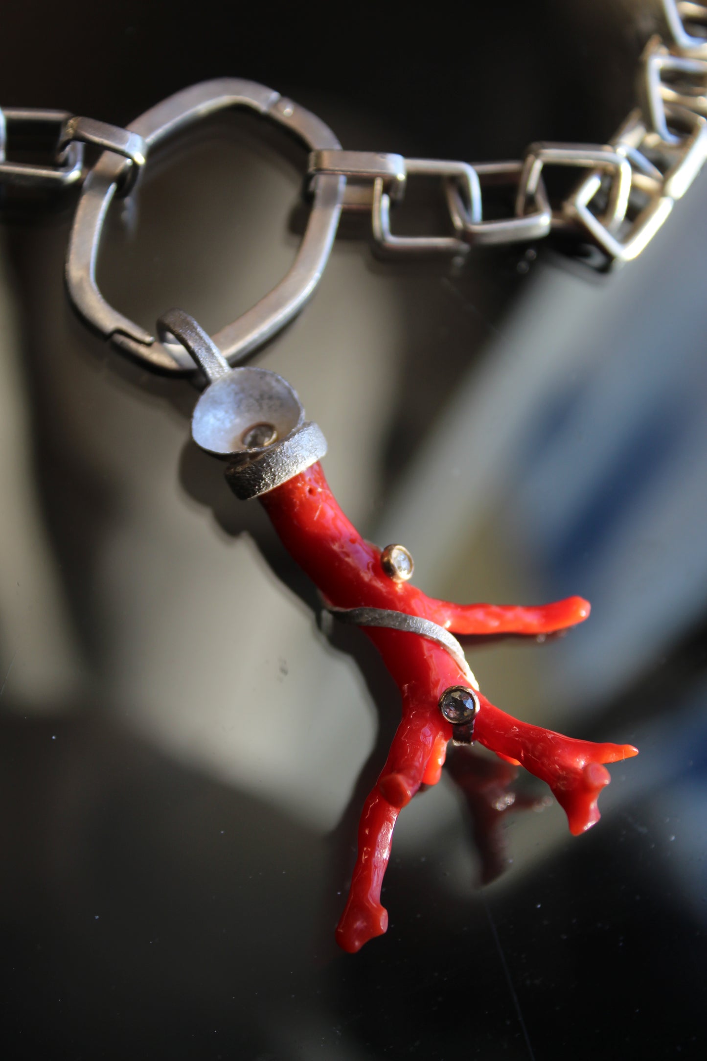 Natural Red Mediterannean Coral Pendant with Diamonds