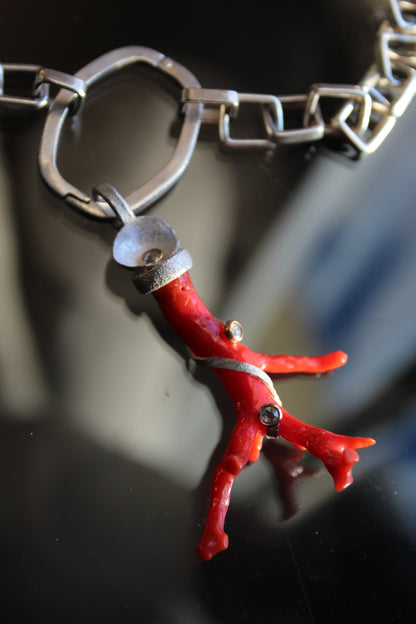 Natural Red Mediterannean Coral Pendant with Diamonds