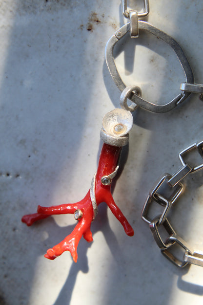 Natural Red Mediterannean Coral Pendant with Diamonds