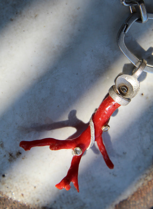 Natural Red Mediterannean Coral Pendant with Diamonds