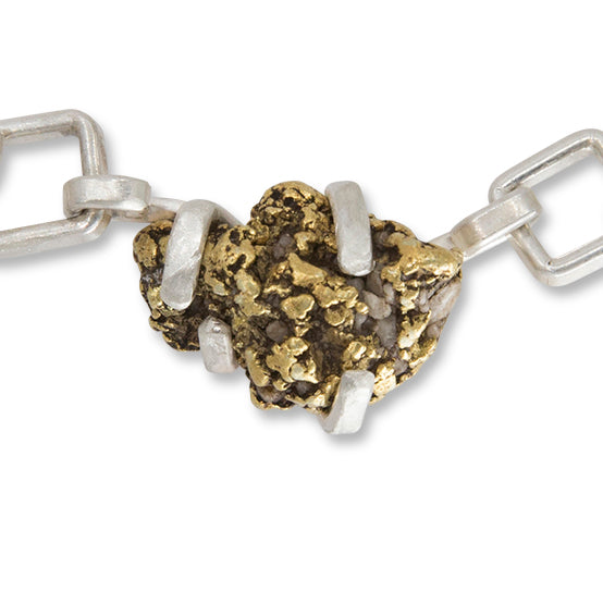 Not-So-Square Handmade Recycled Sterling Silver Chain Necklace with Solid Gold Nugget